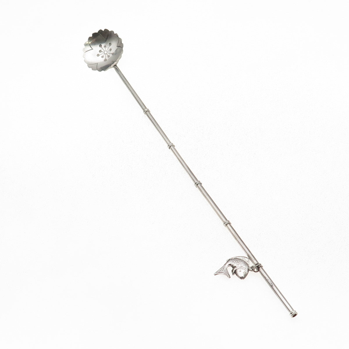 925 Sterling Silver Antique Japan Koi Fish Charm Bamboo Iced Tea Straw Spoon