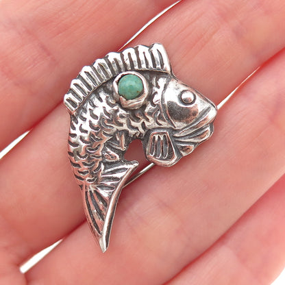 925 Sterling Silver Vintage Mexico Real Turquoise Fish Oxidized Pin Brooch