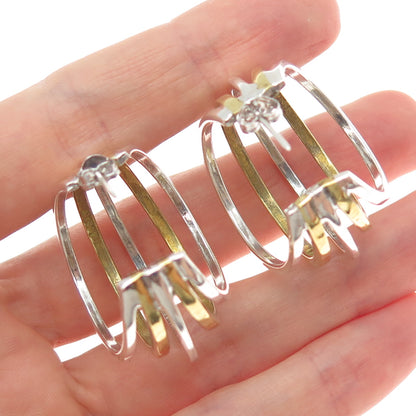 925 Sterling Silver 2-Tone Vintage Mexico Modernist Multi-Row Hoop Earrings