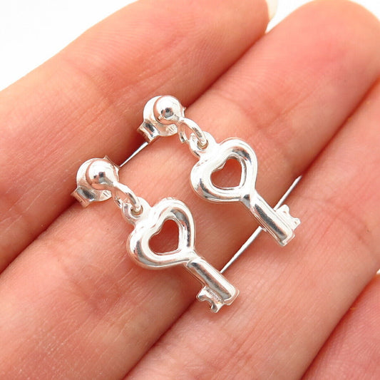 925 Sterling Silver Heart Key Design Small Dangling Earrings