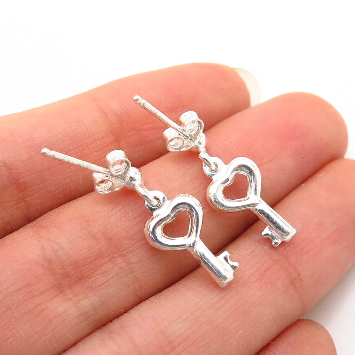 925 Sterling Silver Heart Key Design Small Dangling Earrings