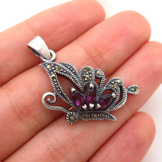 925 Sterling Silver Real Marcasite Gem & Purple C Z Butterfly Design Pendant