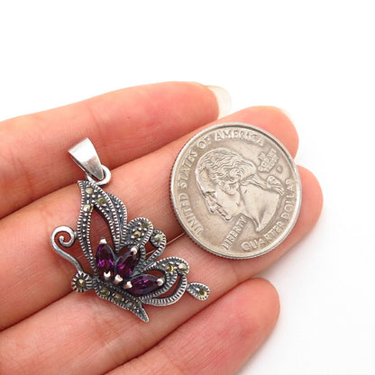 925 Sterling Silver Real Marcasite Gem & Purple C Z Butterfly Design Pendant