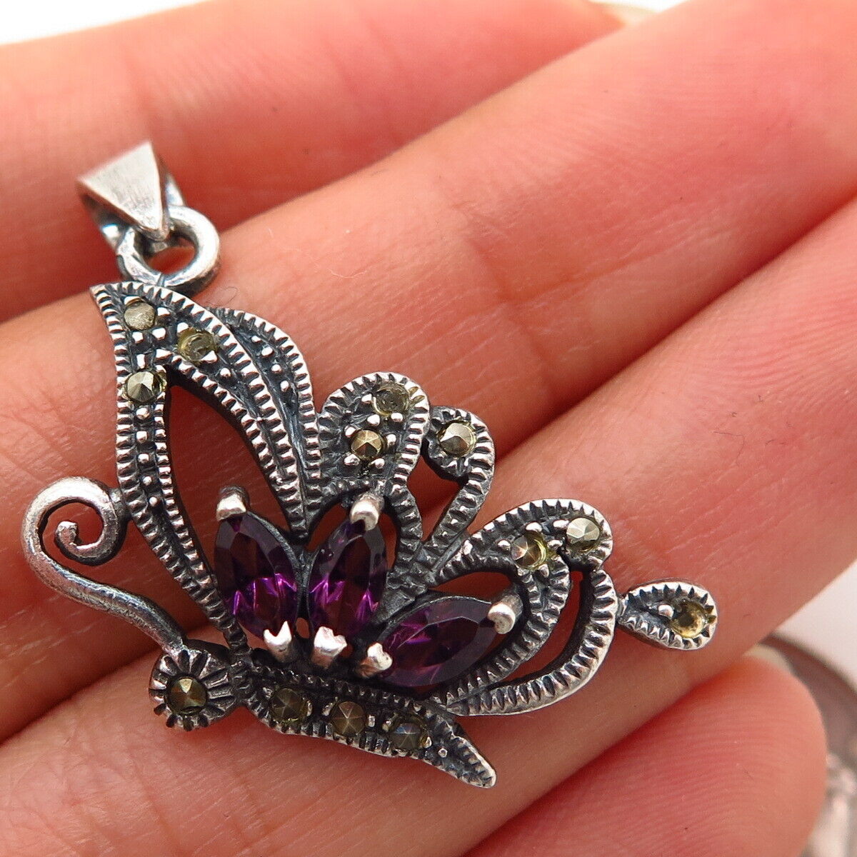 925 Sterling Silver Real Marcasite Gem & Purple C Z Butterfly Design Pendant