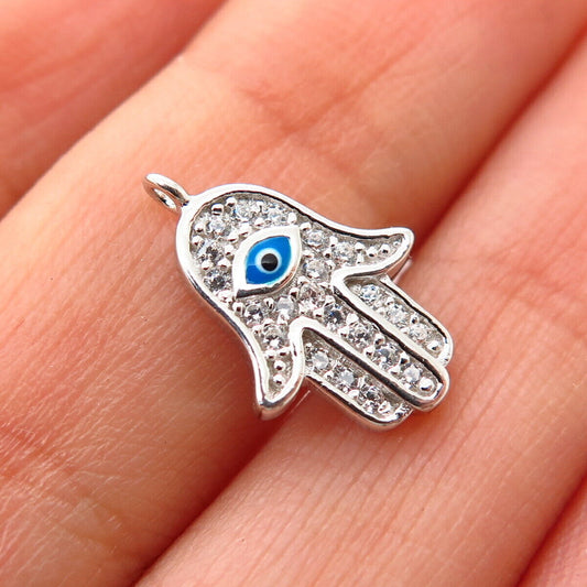 925 Sterling Silver Enamel C Z Hamsa Design Charm Pendant