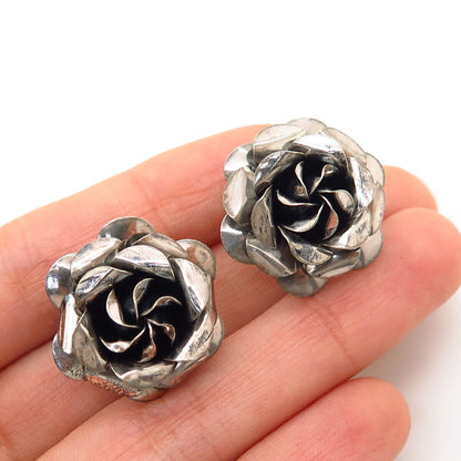 925 Sterling Silver Vintage Rose Floral Design Screw Back Earrings