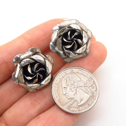 925 Sterling Silver Vintage Rose Floral Design Screw Back Earrings