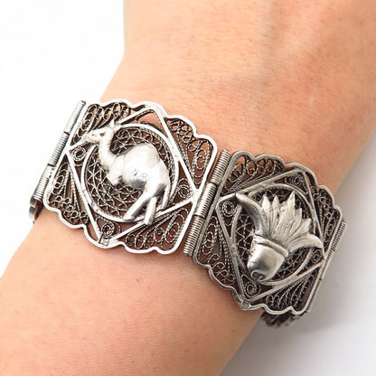 900 Silver Vintage Filigree Egyptian Tribal Storyteller Panel Link Bracelet 7"