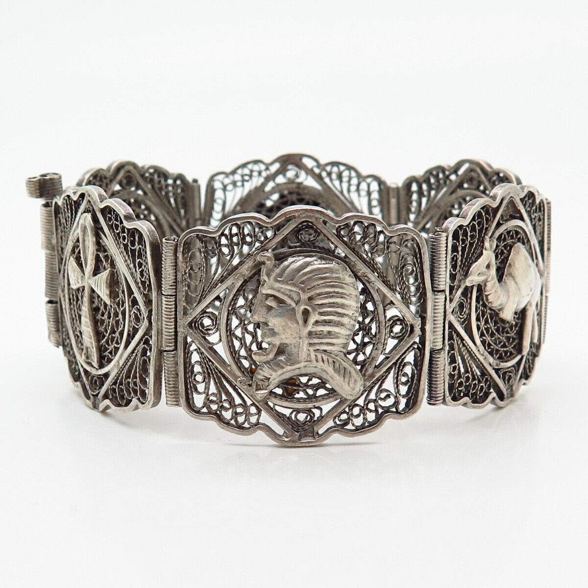 900 Silver Vintage Filigree Egyptian Tribal Storyteller Panel Link Bracelet 7"