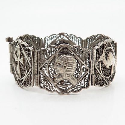 900 Silver Vintage Filigree Egyptian Tribal Storyteller Panel Link Bracelet 7"