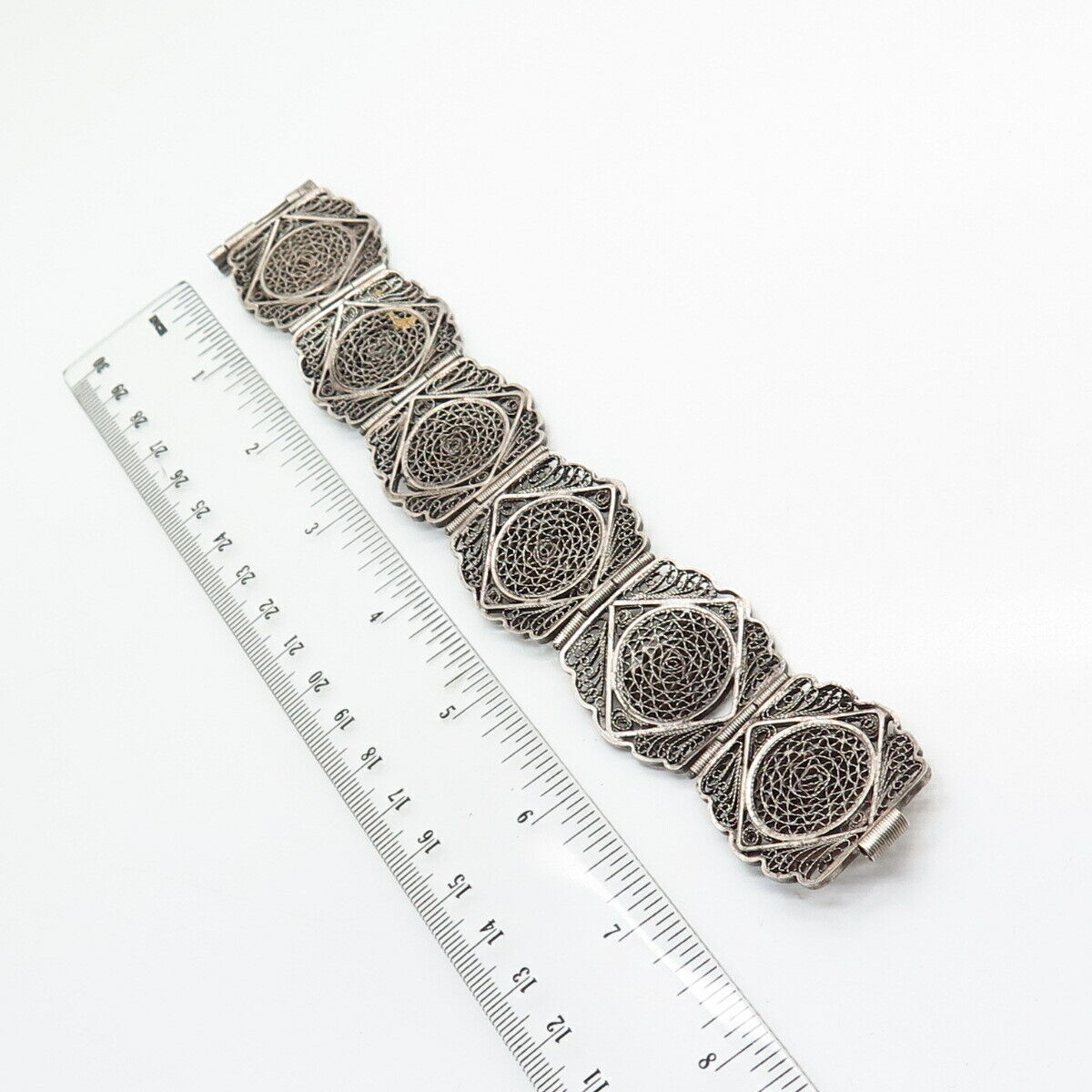 900 Silver Vintage Filigree Egyptian Tribal Storyteller Panel Link Bracelet 7"