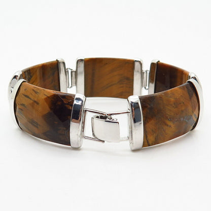 925 Sterling Silver Real Tiger Eye Gemstone Wide Link Bracelet 7 1/4"