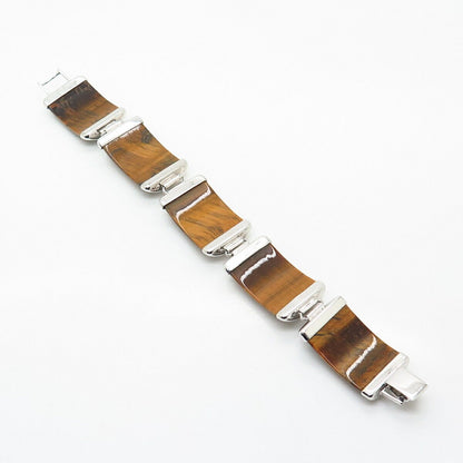 925 Sterling Silver Real Tiger Eye Gemstone Wide Link Bracelet 7 1/4"