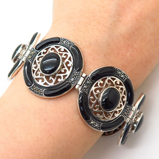 925 Sterling Silver Black Onyx & Marcasite Gem Wide Round Link Bracelet 6 3/4"