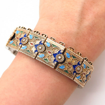 900 Silver Antique Enamel Middle Eastern Design Panel Link Bracelet 6 3/4"