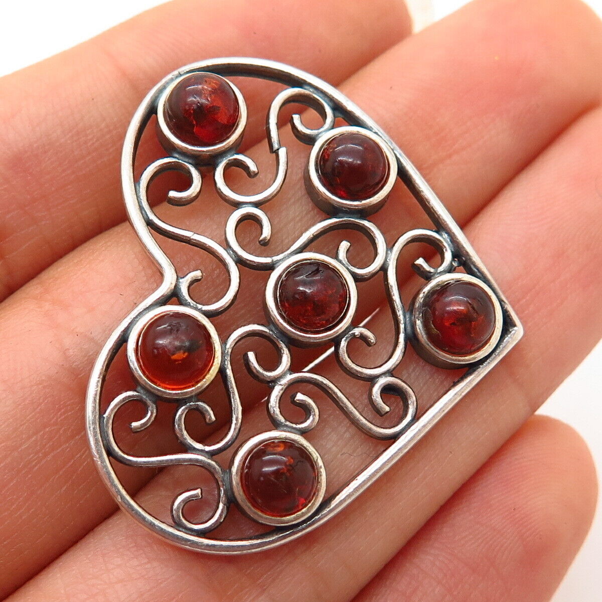 925 Sterling Silver Real Amber Gem Swirl Design Slide Heart Pendant