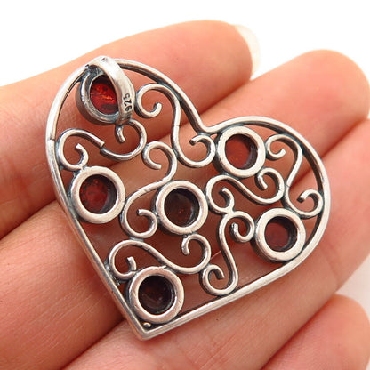 925 Sterling Silver Real Amber Gem Swirl Design Slide Heart Pendant