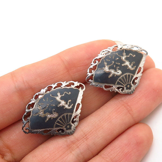 925 Sterling Silver Vintage Niello Hindu Goddess Fan Design Clip On Earrings