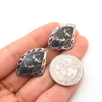 925 Sterling Silver Vintage Niello Hindu Goddess Fan Design Clip On Earrings