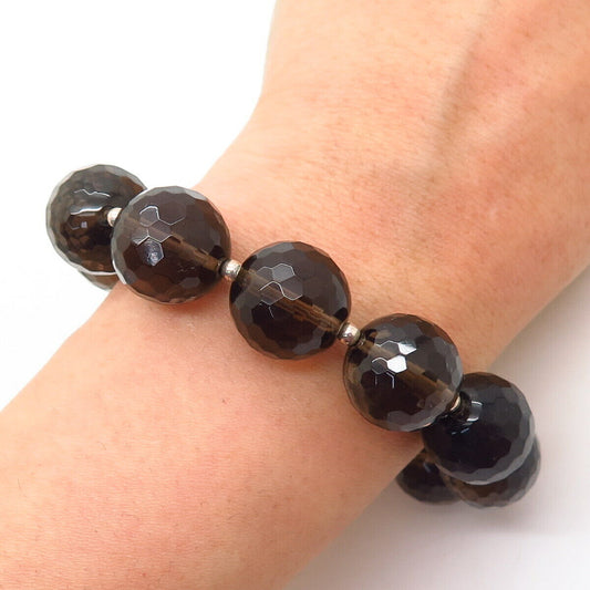 925 Sterling Silver Real Smoky Quartz Wide Bead Link Bracelet 6.5"