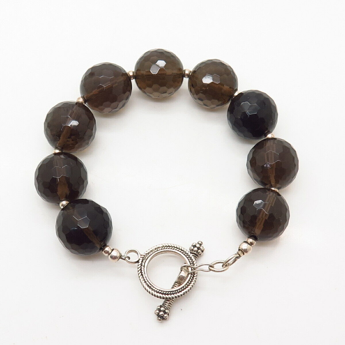 925 Sterling Silver Real Smoky Quartz Wide Bead Link Bracelet 6.5"