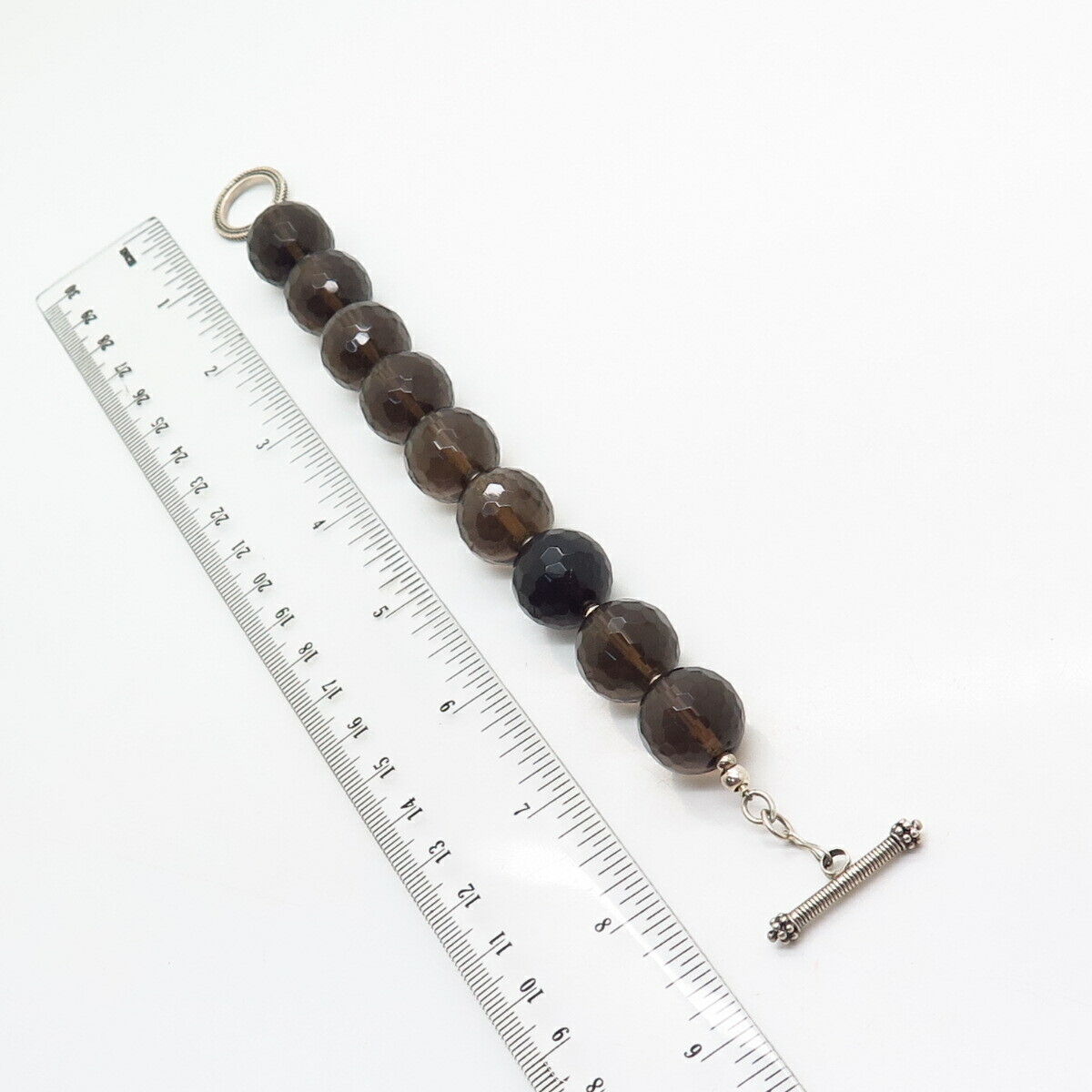 925 Sterling Silver Real Smoky Quartz Wide Bead Link Bracelet 6.5"