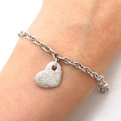 925 Sterling Silver Italy Milor Textured Heart Charm Link Anklet 9.5"