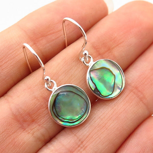 925 Sterling Silver Real Abalone Shell Round Dangling Earrings