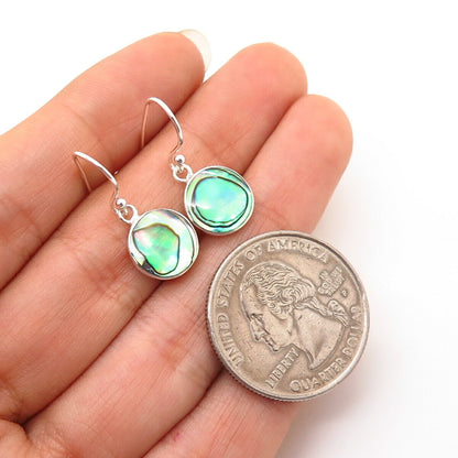 925 Sterling Silver Real Abalone Shell Round Dangling Earrings