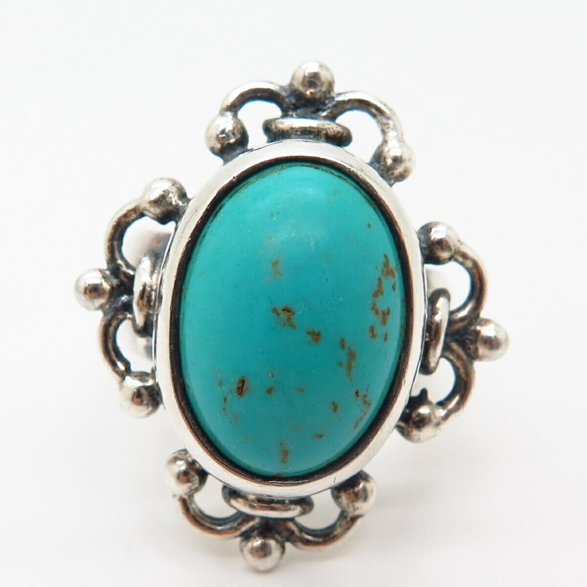 925 Sterling Silver Real Turquoise Gem Ornate Oval Design Ring Size 8 1/4