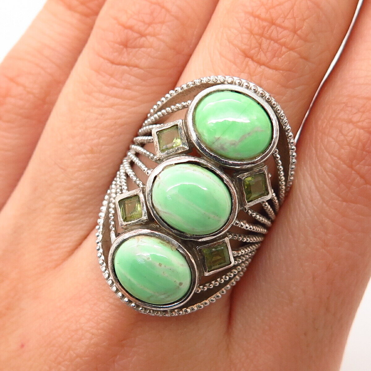 925 Sterling Silver Real Dyed Turquoise & Peridot Gem Wide Ring Size 6 1/4