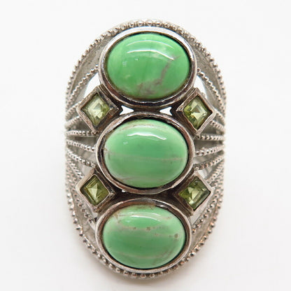 925 Sterling Silver Real Dyed Turquoise & Peridot Gem Wide Ring Size 6 1/4