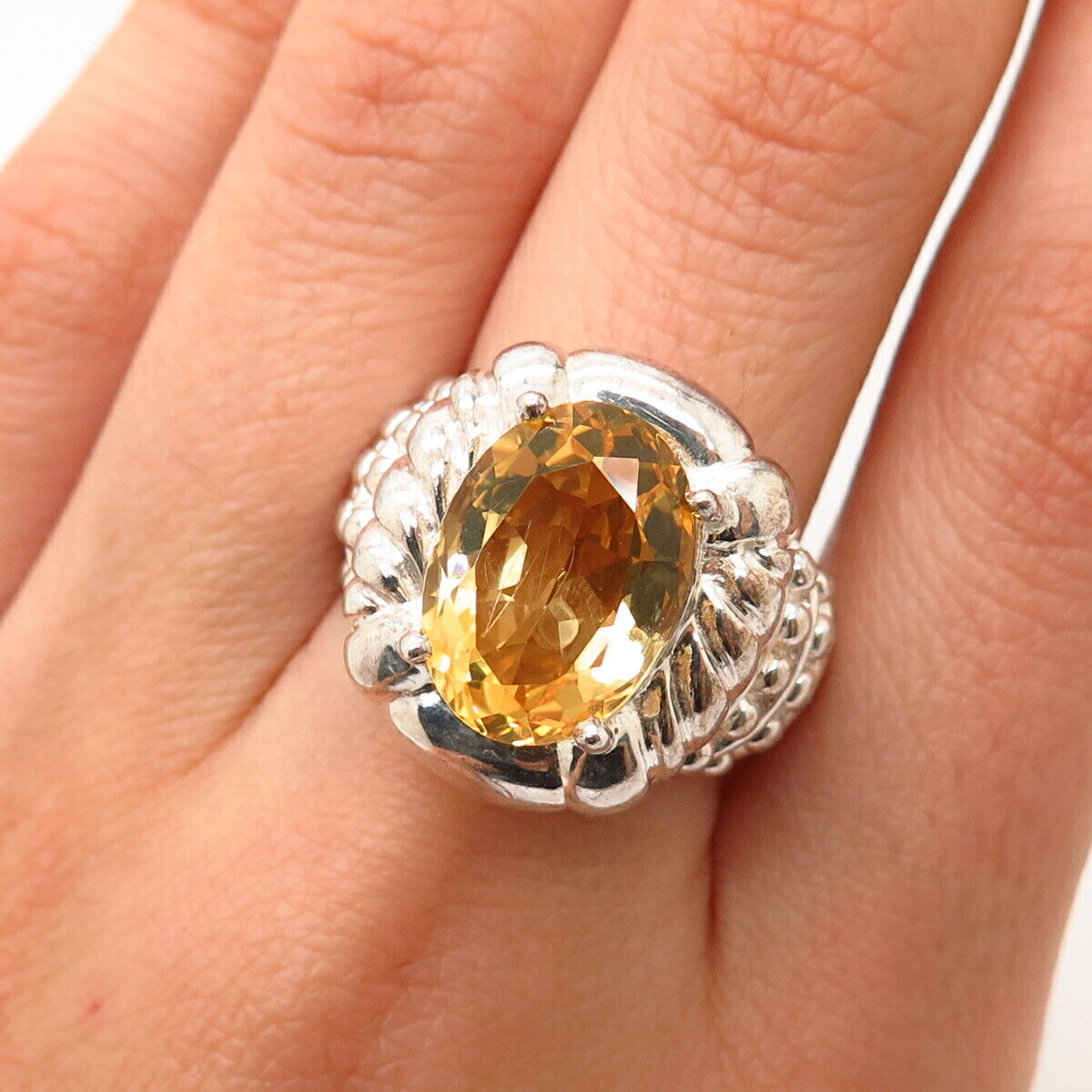 925 Sterling Silver Real Citrine Gem Ribbed Wide Statement Ring Size 7.5