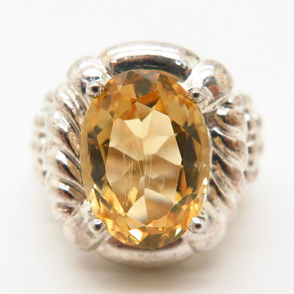 925 Sterling Silver Real Citrine Gem Ribbed Wide Statement Ring Size 7.5