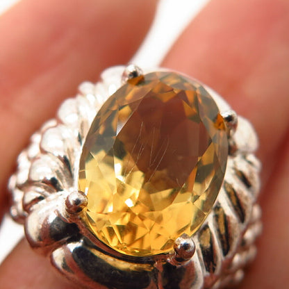 925 Sterling Silver Real Citrine Gem Ribbed Wide Statement Ring Size 7.5