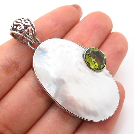 925 Sterling Silver Real Mother-Of-Pearl & Peridot Gem Oval Pendant