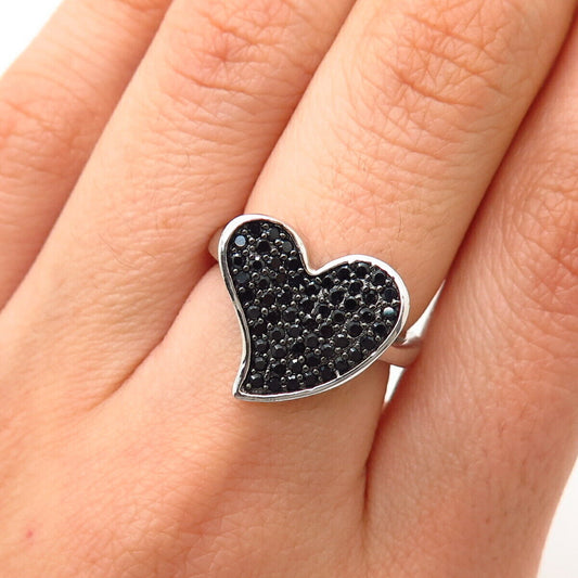 925 Sterling Silver Black C Z Heart Design Ring Size 5.5