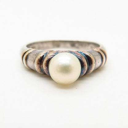 925 Sterling Silver Real Pearl Ribbed Design Ring Size 6