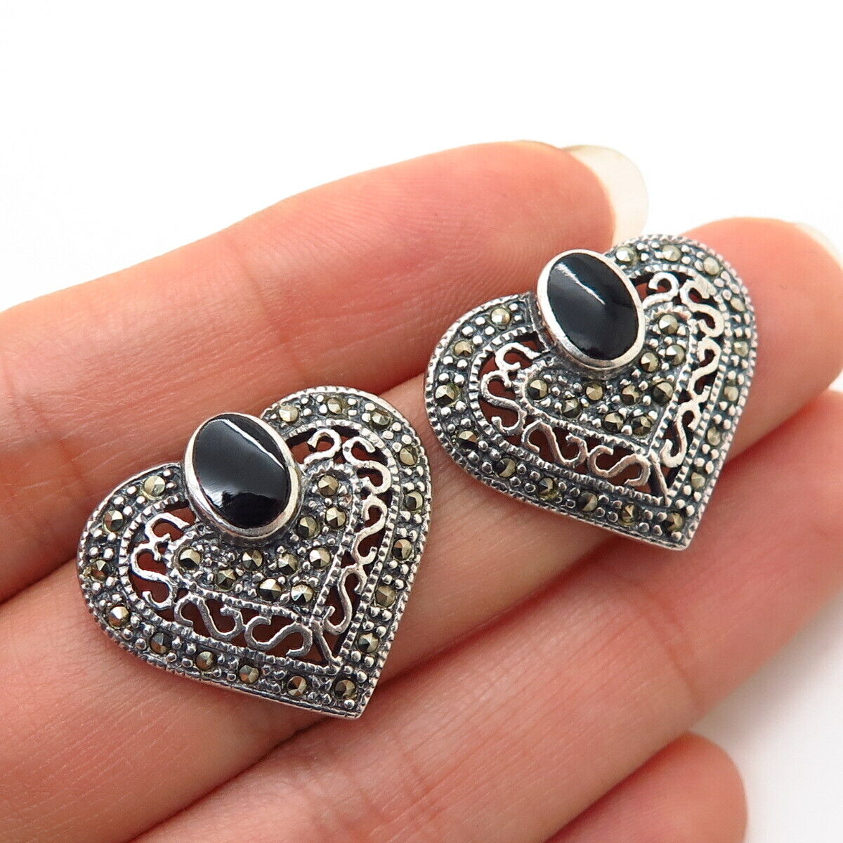 925 Sterling Silver Real Black Onyx & Marcasite Gem Heart Design Earrings