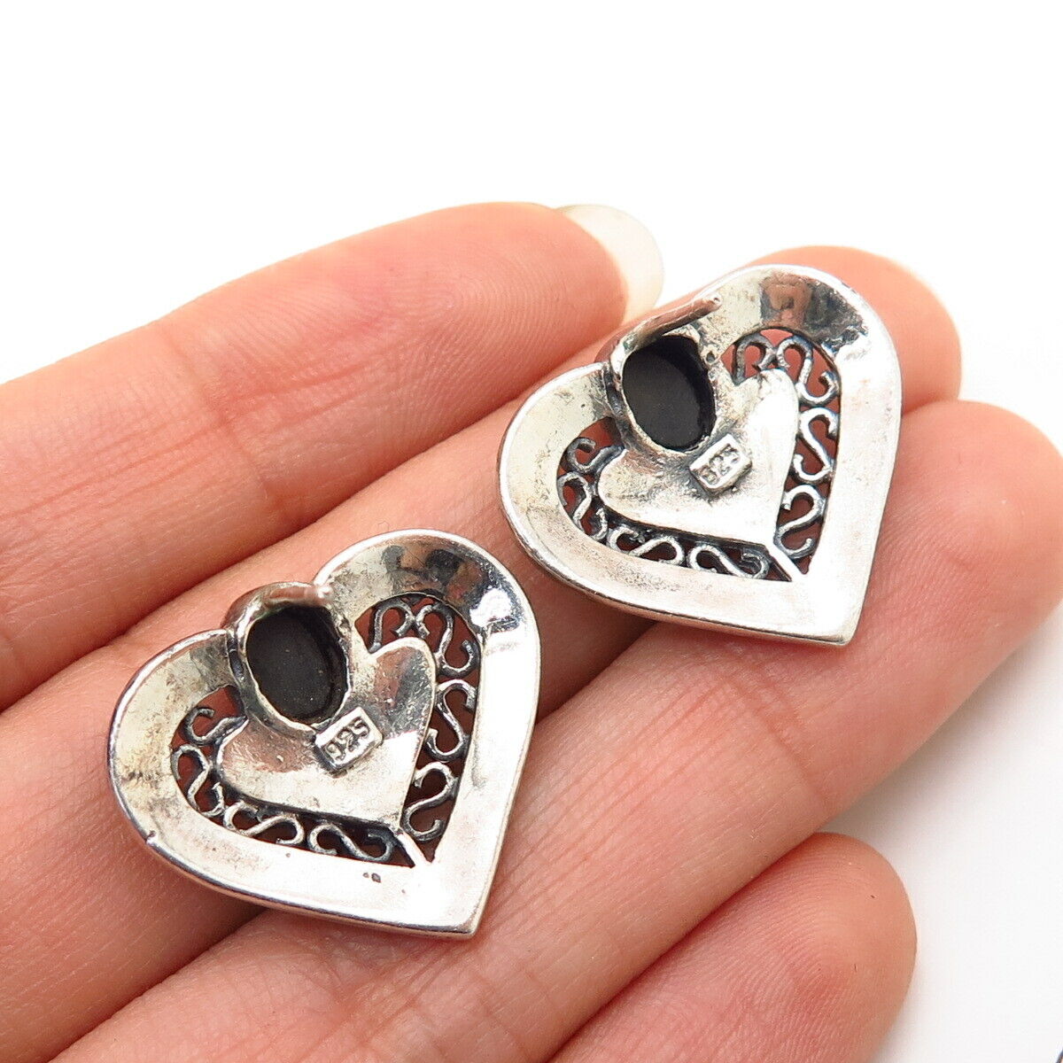 925 Sterling Silver Real Black Onyx & Marcasite Gem Heart Design Earrings