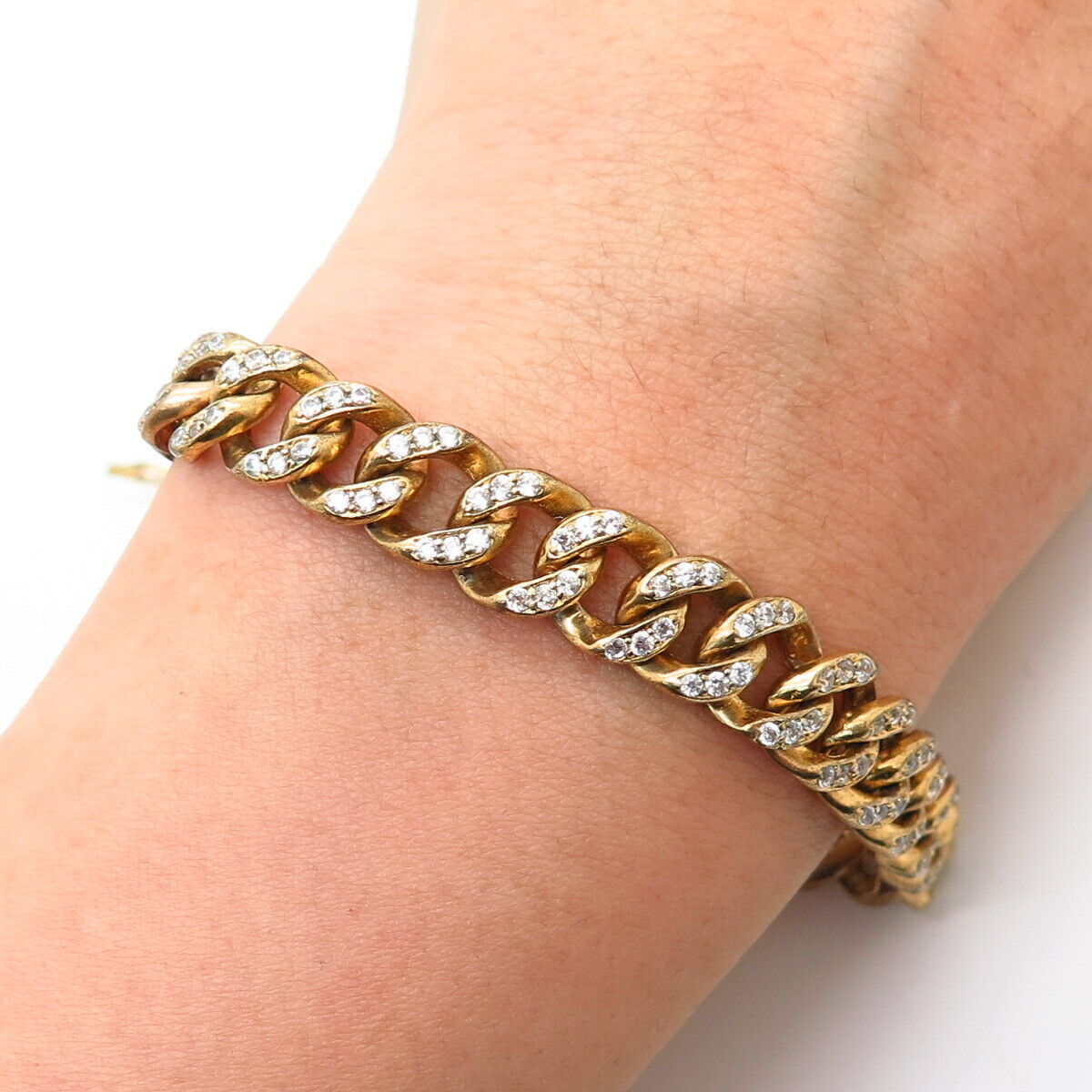 925 Sterling Silver Gold Plated C Z Cuban Link Bracelet 7 3/4"