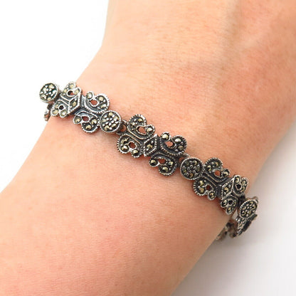 925 Sterling Silver Real Marcasite Gem Swirl Design Link Bracelet 6.5"