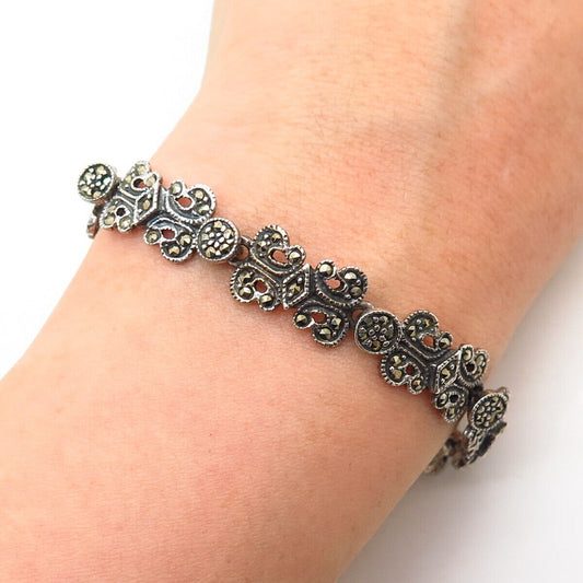 925 Sterling Silver Real Marcasite Gem Swirl Design Link Bracelet 6.5"