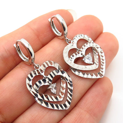 925 Sterling Silver C Z Double Heart Design Dangling Earrings