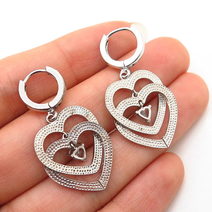 925 Sterling Silver C Z Double Heart Design Dangling Earrings