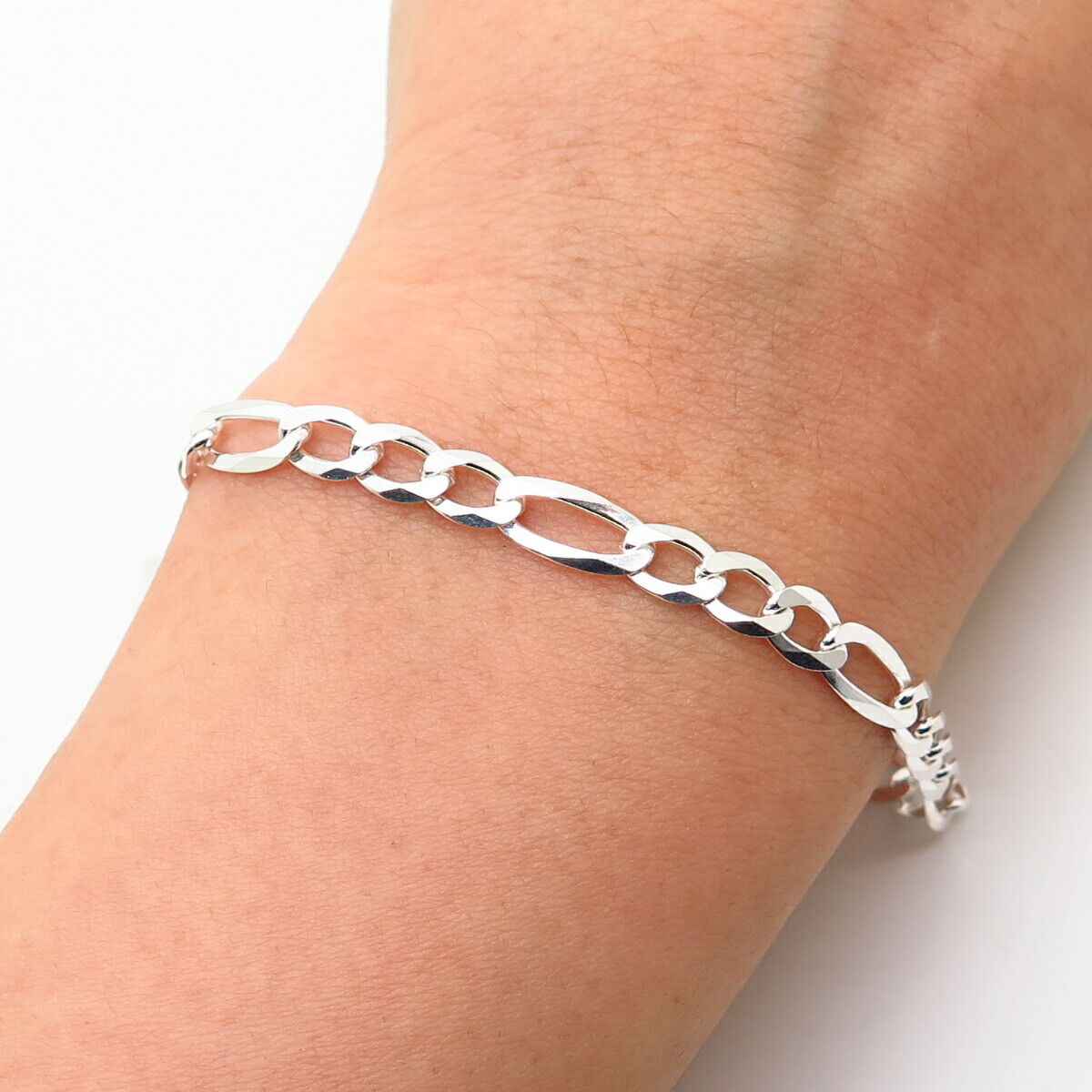 925 Sterling Silver Italy Figaro Link Bracelet 8"