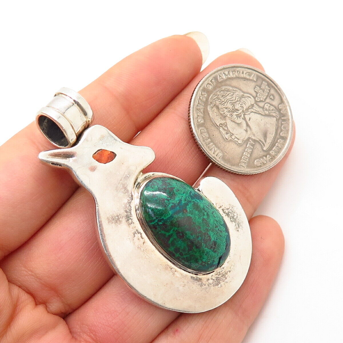 950 Silver Vintage Real Chrysocolla & Sunstone Gemstone Ram Silhouette Pendant