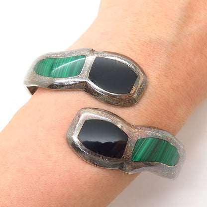 925 Sterling Vintage Mexico Malachite & Black Onyx Gem Hinged Bangle Bracelet 7"