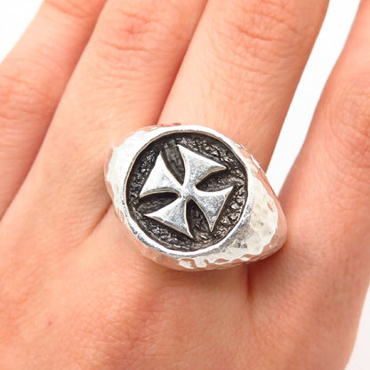 925 Sterling Vintage Maltese Cross Hammered Finish Solid Signet Ring Size 10 1/4