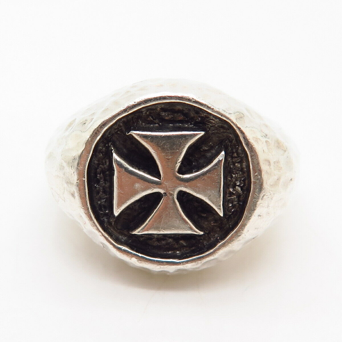 925 Sterling Vintage Maltese Cross Hammered Finish Solid Signet Ring Size 10 1/4